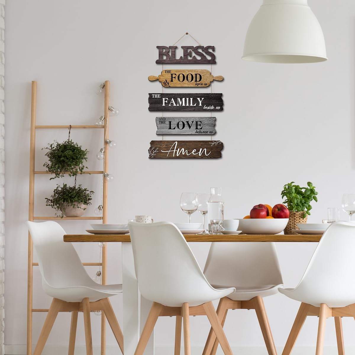 5pcs Color Brown Pigort Kitchen Wall Decor Bless the Food Before Us Dining Room Wall Decor - Farmhouse Wall Art For Kitchen Dining Room- Wooden Rustic 5pcs Roped Sign 12x18 Inches(Brown)